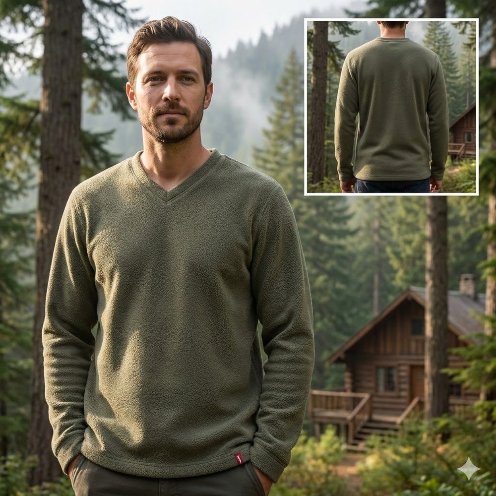 Vintage Levi's Red Tab Sherpa Fleece V-Neck Pullover Olive Green Mens Medium 90s